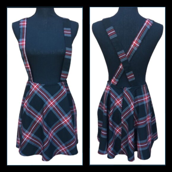 Hot Topic Suspender Skirt Small Red Black Plaid Removable Suspenders Twee Punk - Picture 1 of 9